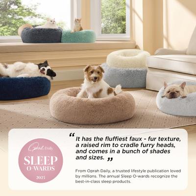 Show full view: Bedsure Calming Fluffy Plush Faux Fur Orthopedic Anti-Slip Donut Dog & Cat Bed, Camel, Small Plus slide 5 of 10