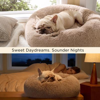 Show full view: Bedsure Calming Fluffy Plush Faux Fur Orthopedic Anti-Slip Donut Dog & Cat Bed, Camel, Small Plus slide 6 of 10