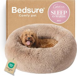 Bedsure Calming Fluffy Plush Faux Fur Orthopedic Anti-Slip Donut Dog & Cat Bed, Camel, Small Plus