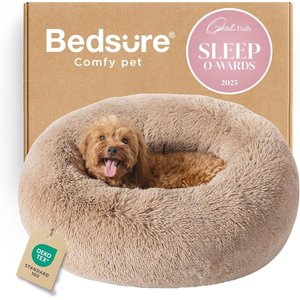Bedsure Calming Fluffy Plush Faux Fur Orthopedic Anti-Slip Donut Dog & Cat Bed, Camel, Small Plus