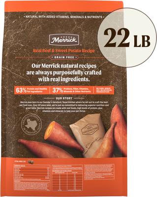 Show full view: Merrick Real Beef + Sweet Potato Recipe Grain-Free Chicken-Free Adult Dry Dog Food, 22-lb bag slide 4 of 11