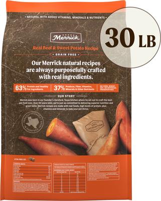 Show full view: Merrick Real Beef + Sweet Potato Recipe Grain-Free Chicken-Free Adult Dry Dog Food, 30-lb bag slide 4 of 11