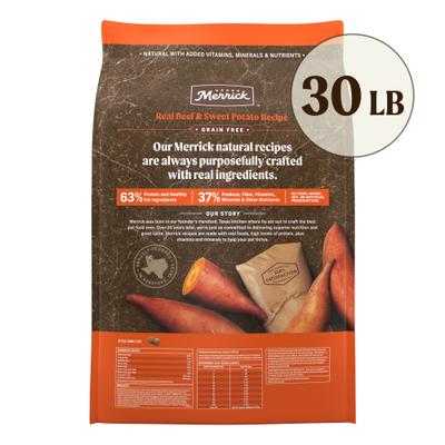 Show full view: Merrick Real Beef + Sweet Potato Recipe Grain-Free Chicken-Free Adult Dry Dog Food, 30-lb bag slide 3 of 11