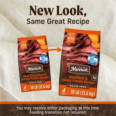 Show full view: Merrick Real Beef + Sweet Potato Recipe Grain-Free Chicken-Free Adult Dry Dog Food, 30-lb bag slide 3 of 11