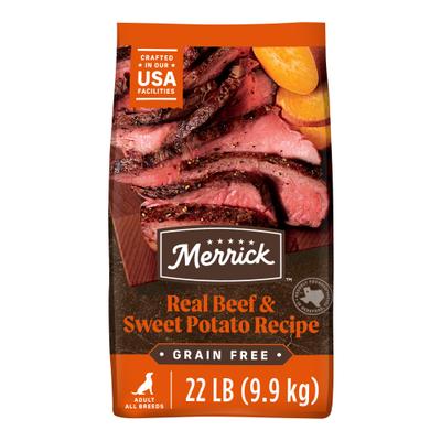 Show full view: Merrick Real Beef + Sweet Potato Recipe Grain-Free Chicken-Free Adult Dry Dog Food, 22-lb bag slide 1 of 11