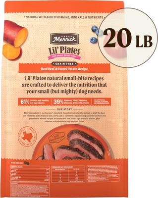 Show full view: Merrick Lil' Plates Grain-Free Chicken-Free Real Beef + Sweet Potato Recipe Small Breed Dry Dog Food, 20-lb bag slide 4 of 12
