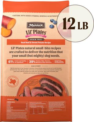 Show full view: Merrick Lil' Plates Grain-Free Chicken-Free Real Beef + Sweet Potato Recipe Small Breed Dry Dog Food, 12-lb bag slide 4 of 11