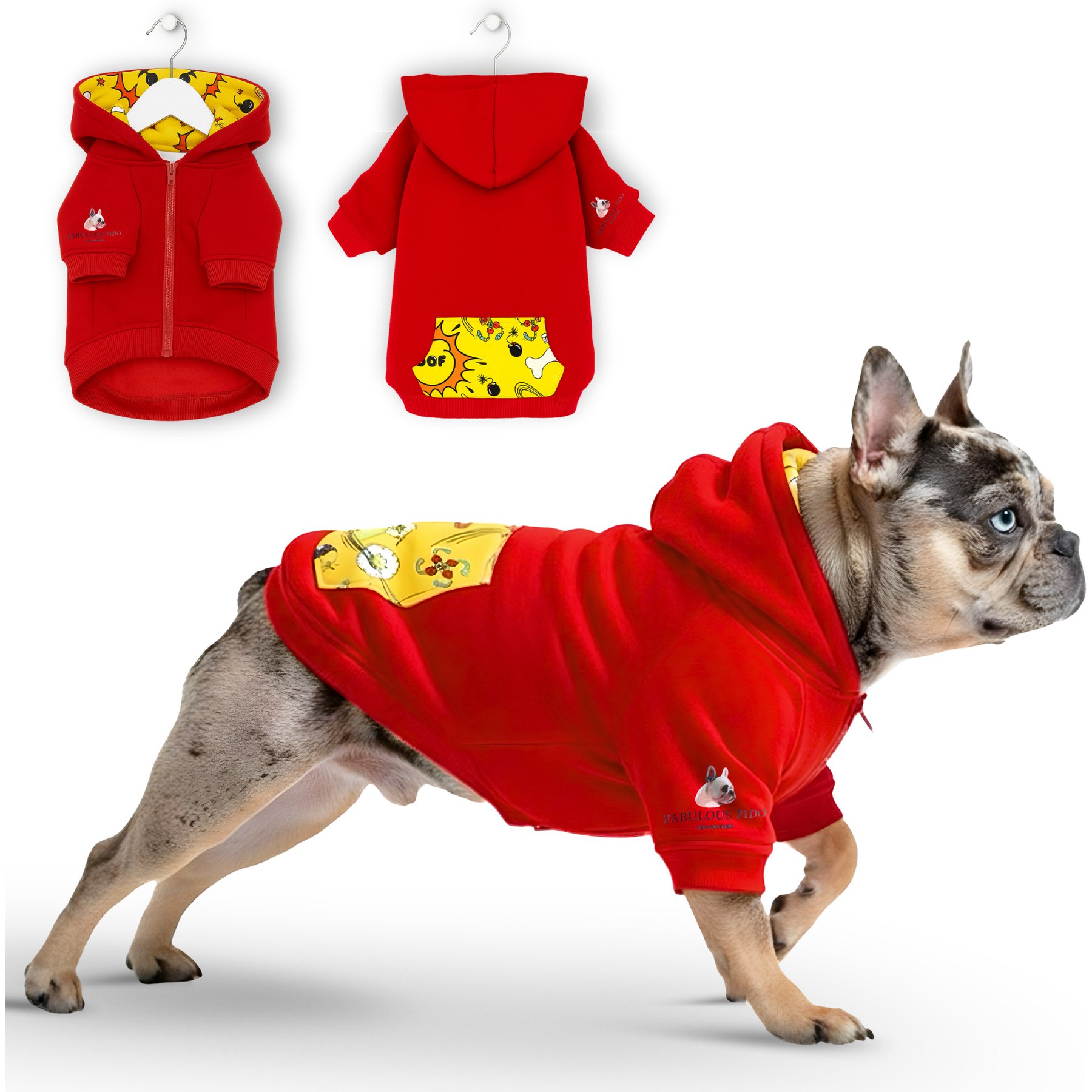 Fabulous Fido Cotton Cozy & Comfortable Dog Hoodie with Front Zipper, Red, Small