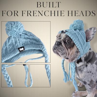 Show full view: Fabulous Fido Beanie with Ear Holes & Adjustable Chin Strap Dog Knit Hat, Aqua, Medium slide 3 of 10
