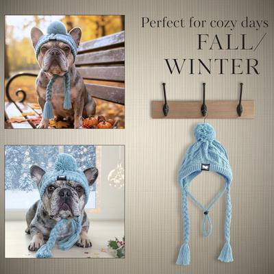 Show full view: Fabulous Fido Beanie with Ear Holes & Adjustable Chin Strap Dog Knit Hat, Aqua, Medium slide 7 of 10
