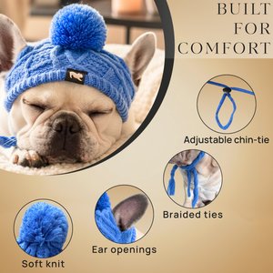 Fabulous Fido Beanie with Ear Holes & Adjustable Chin Strap Dog Knit Hat, Blue, Medium