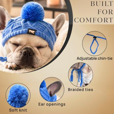Show full view: Fabulous Fido Beanie with Ear Holes & Adjustable Chin Strap Dog Knit Hat, Blue, Small slide 2 of 10