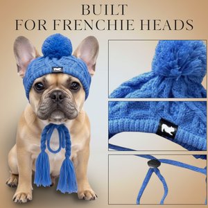 Fabulous Fido Beanie with Ear Holes & Adjustable Chin Strap Dog Knit Hat, Blue, Medium