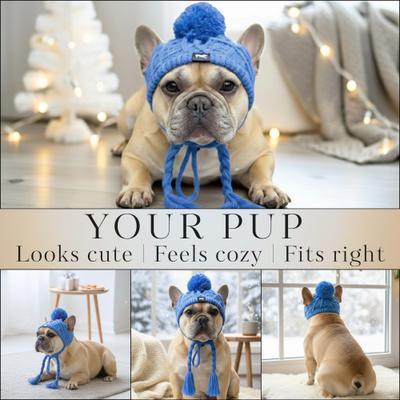 Show full view: Fabulous Fido Beanie with Ear Holes & Adjustable Chin Strap Dog Knit Hat, Blue, Small slide 6 of 10