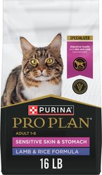 Purina Pro Plan Adult Sensitive Skin & Stomach Lamb & Rice Formula Dry Cat Food, 16-lb bag