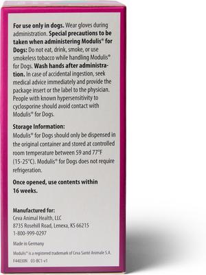 Show full view: Modulis for Dogs (cyclosporine oral solution) USP MODIFIED 100mg/mL 30mL slide 6 of 6