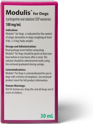Show full view: Modulis for Dogs (cyclosporine oral solution) USP MODIFIED 100mg/mL 30mL slide 5 of 6