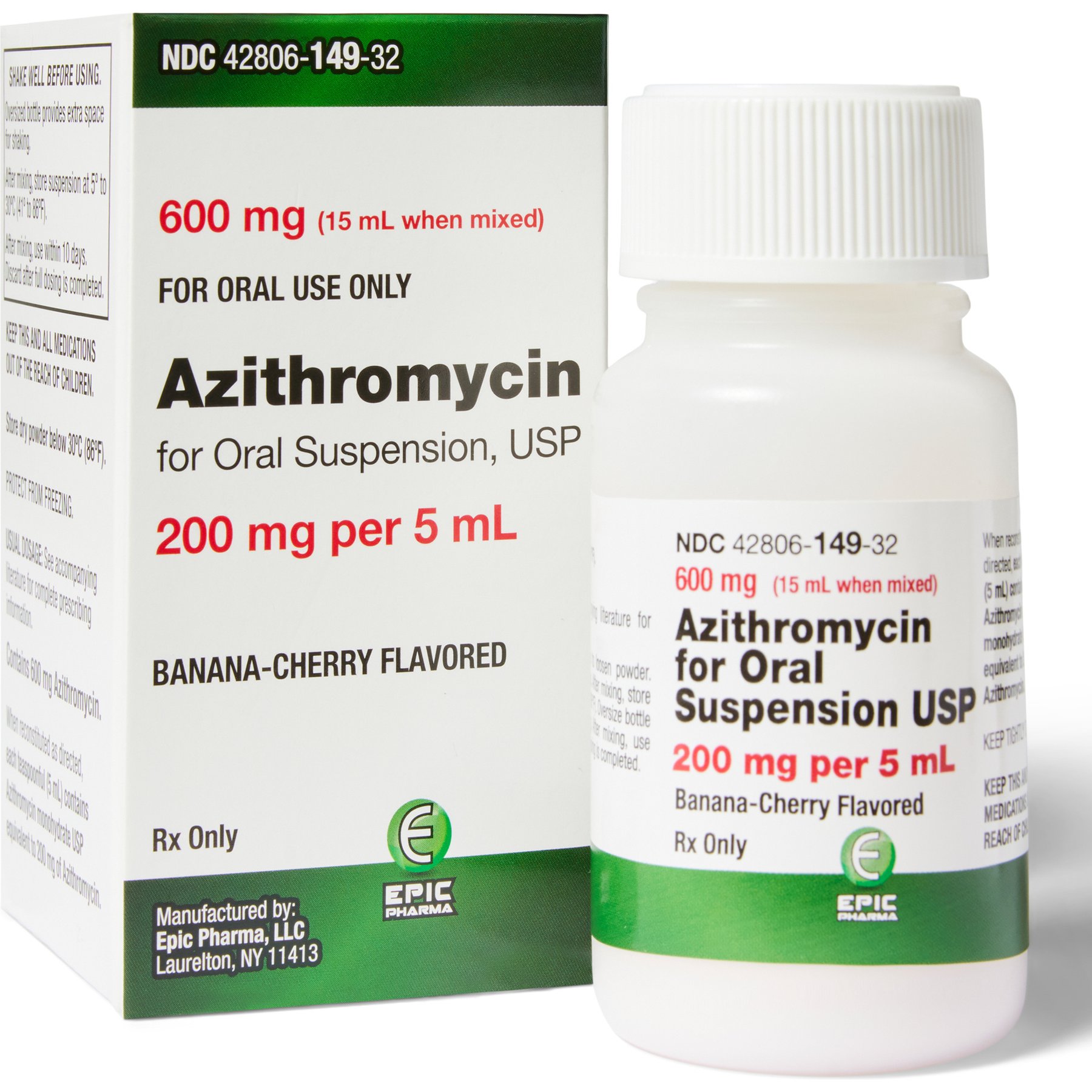 Azithromycin (Generic) Flavored Powder for Oral Suspension, 200 mg/5 mL, 15-mL bottle