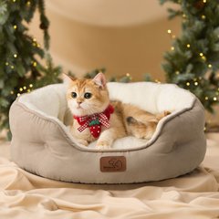 Bedsure Round Orthopedic Bolster Anti-Slip Puppy & Kitten Bed with Washable Pillow Cushion, Camel, Small