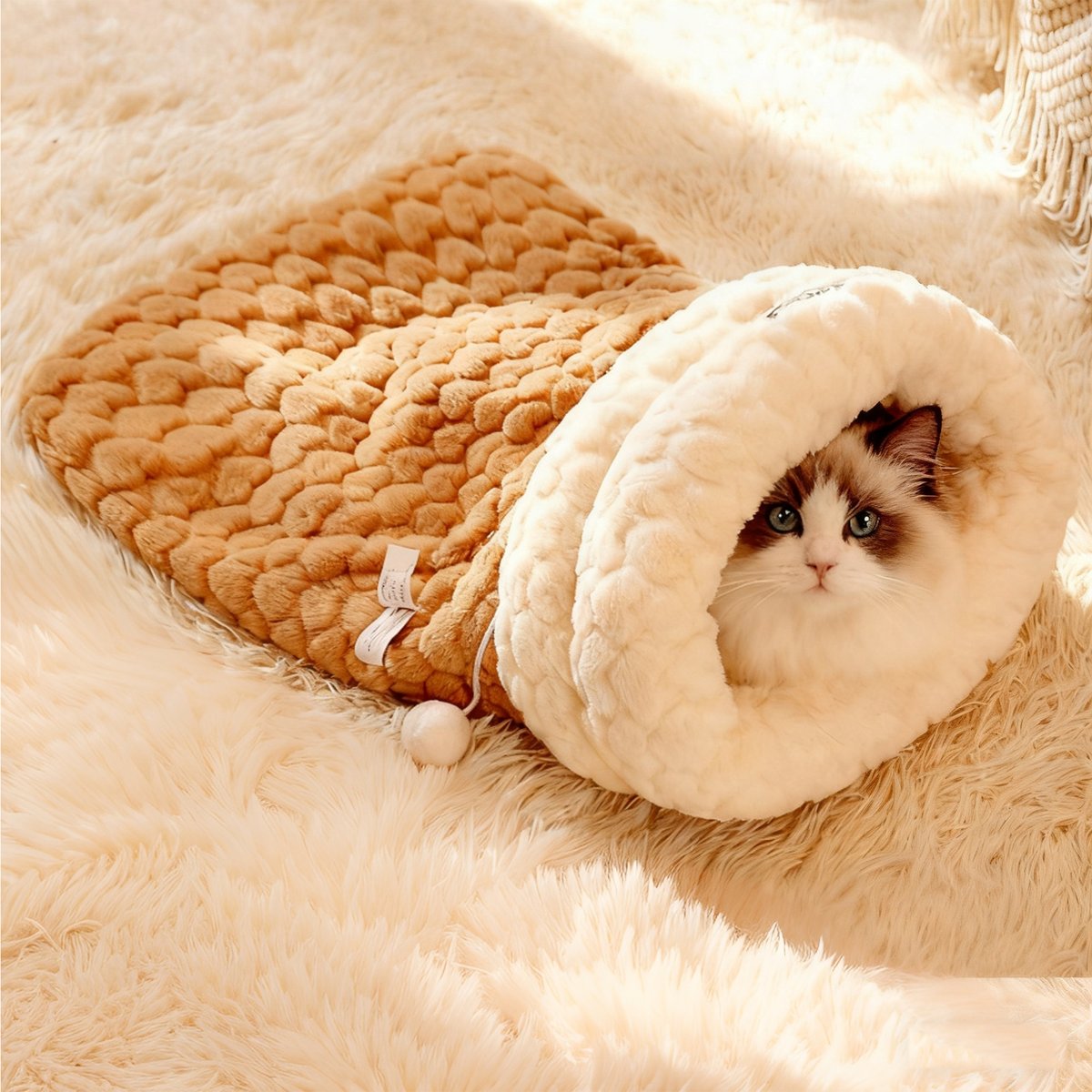DOPZER Winter Warming Indoor Sleeping Bag Covered Cat Bed with Removable Cover, 21.3 x 17.7 x 4-in, Brown