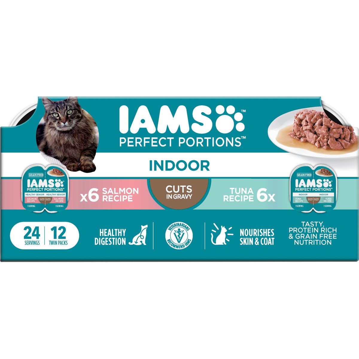 Iams Perfect Portions Indoor Tuna & Salmon Recipe Grain-Free Cuts in Gravy Variety Pack Adult Wet Cat Food Trays, 2.6-oz tray, case of 12 twin-packs