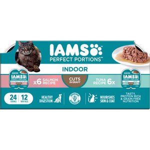 Iams Perfect Portions Indoor Tuna & Salmon Recipe Grain-Free Cuts in Gravy Variety Pack Adult Wet Cat Food Trays, 2.6-oz tray, case of 12 twin-packs