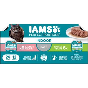 Iams Perfect Portions Indoor Salmon & Turkey Recipe Variety Pack Grain-Free Pate Wet Cat Food, 2.6-oz tray, case of 12 twin-packs