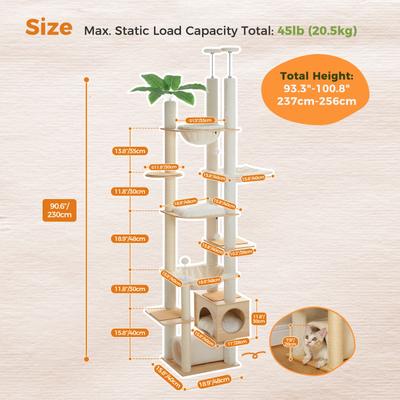 Show full view: PAWZ Road 93 to 101-in Adjustable Polyester Wood Floor-to-Ceiling Cat Tree Tall Tower & Condo, Beige slide 4 of 9