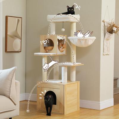 Show full view: PAWZ Road 57.5-in Polyester Wood Cat Tree Tower with Litter Box Enclosure & 2 Condos, Medium, Beige slide 7 of 9