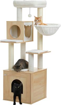 Show full view: PAWZ Road 57.5-in Polyester Wood Cat Tree Tower with Litter Box Enclosure & 2 Condos, Medium, Beige slide 8 of 9
