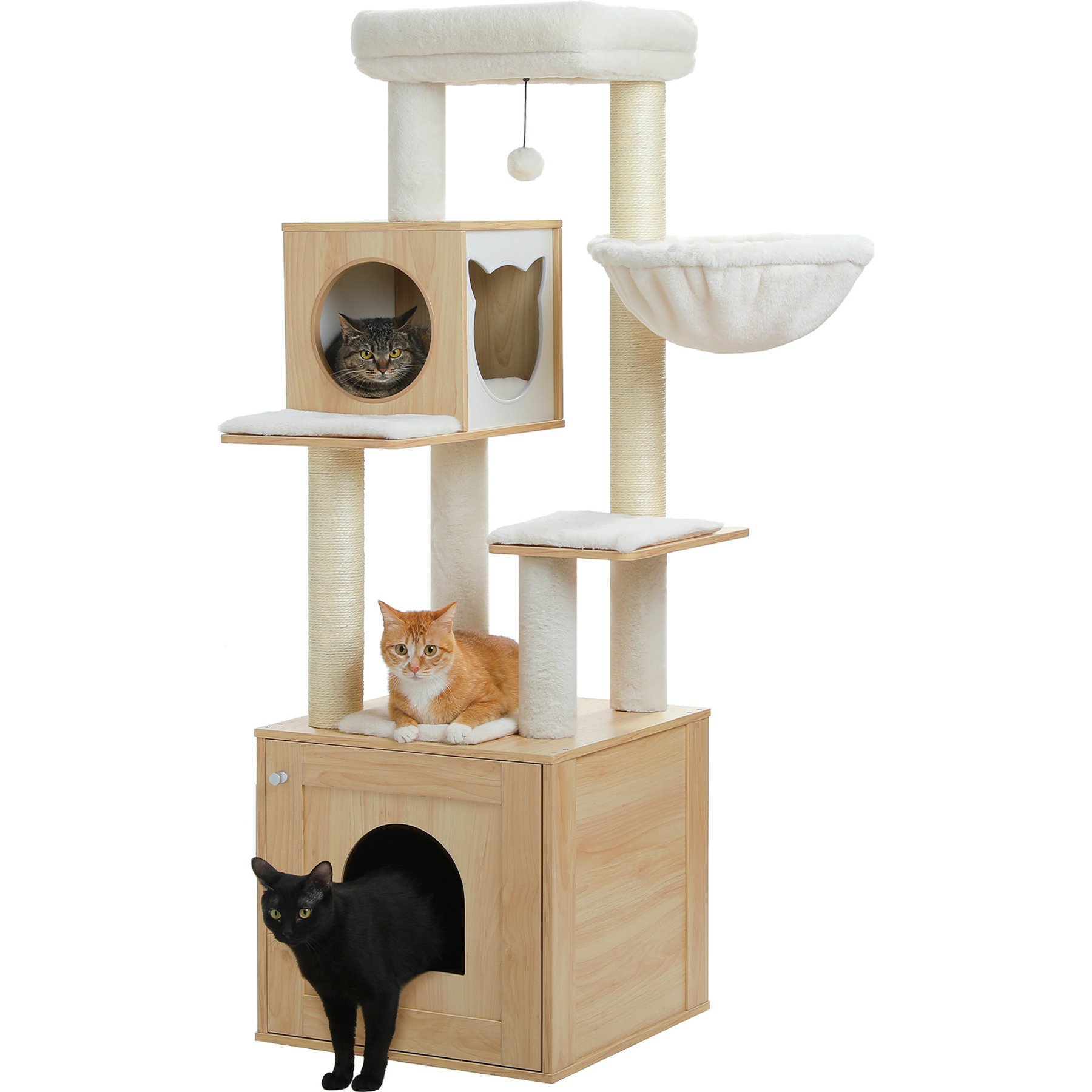 PAWZ Road 57.5-in Polyester Wood Cat Tree Tower with Litter Box Enclosure & 2 Condos, Medium, Beige