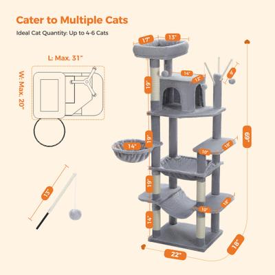 Show full view: PAWZ Road 69-in Tall Polyester Cat Tree Tower & Condo with Large Hammock, Gray slide 7 of 10