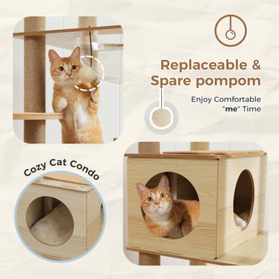 Show full view: PAWZ Road 71-in Tall Polyester Wood Cat Tree & Condo with 2 Acrylic Bowls, Beige slide 5 of 10