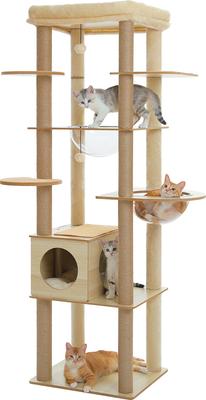 Show full view: PAWZ Road 71-in Tall Polyester Wood Cat Tree & Condo with 2 Acrylic Bowls, Beige slide 2 of 10