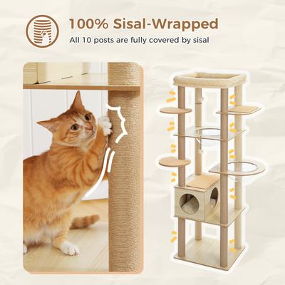 Show full view: PAWZ Road 71-in Tall Polyester Wood Cat Tree & Condo with 2 Acrylic Bowls, Beige slide 3 of 10