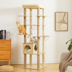 PAWZ Road 71-in Tall Polyester Wood Cat Tree & Condo with 2 Acrylic Bowls, Beige