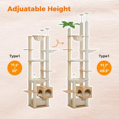 Show full view: PAWZ Road 93 to 101-in Adjustable Polyester Wood Floor-to-Ceiling Cat Tree Tall Tower & Condo, Beige slide 3 of 9