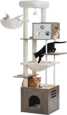 Show full view: PAWZ Road 75-in Tall Polyester Cat Tree & 2 Condos with Food Station & Large Hammock, Gray slide 9 of 10
