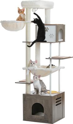 Show full view: PAWZ Road 75-in Tall Polyester Cat Tree & 2 Condos with Food Station & Large Hammock, Gray slide 8 of 10