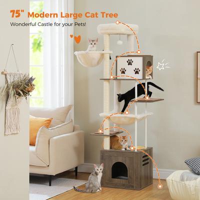 Show full view: PAWZ Road 75-in Tall Polyester Cat Tree & 2 Condos with Food Station & Large Hammock, Gray slide 7 of 10