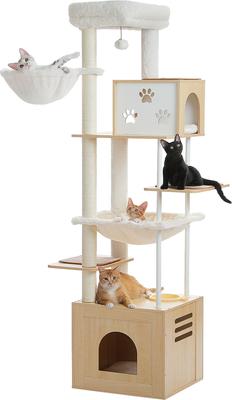 Show full view: PAWZ Road 75-in Tall Polyester Cat Tree & 2 Condos with Food Station & Large Hammock, Beige slide 8 of 10