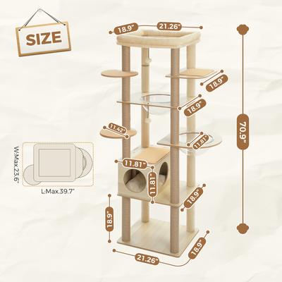 Show full view: PAWZ Road 71-in Tall Polyester Wood Cat Tree & Condo with 2 Acrylic Bowls, Beige slide 4 of 10
