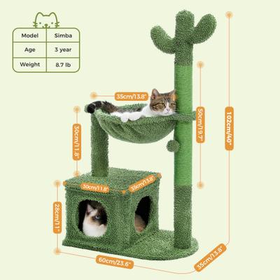 Show full view: PAWZ Road 40-in Polyester Cactus Cat Tree Tower & Condo with Large Metal Carpet Hammock, Green slide 3 of 9