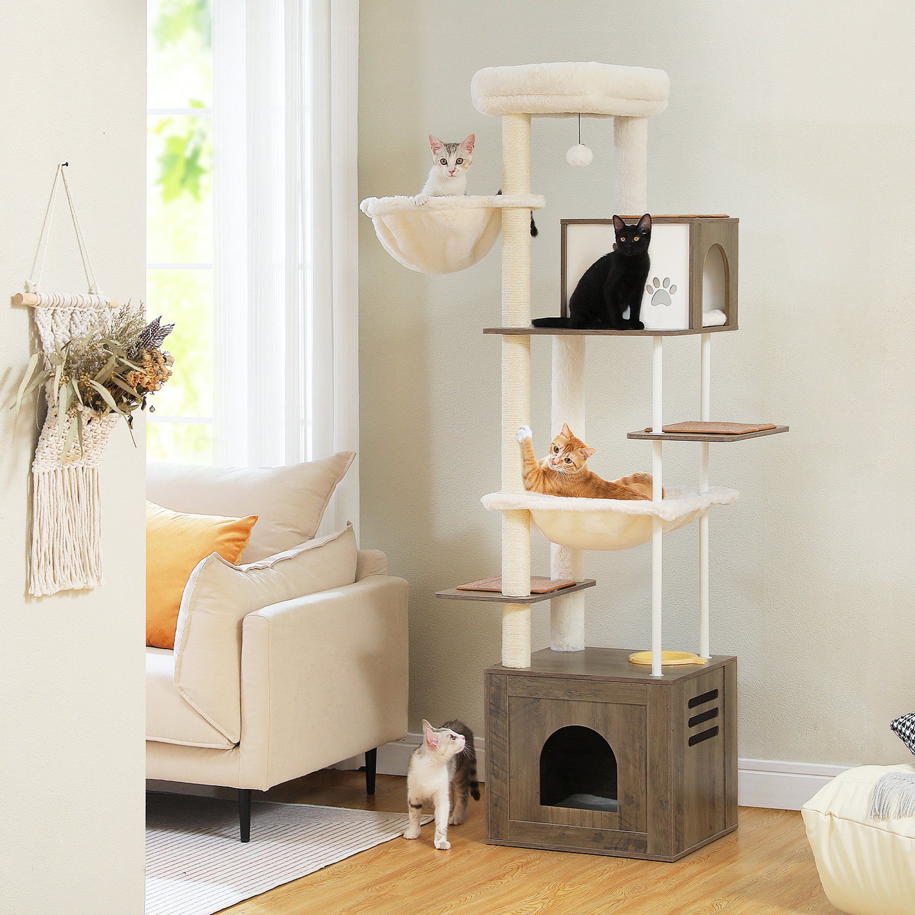 PAWZ Road 75-in Tall Polyester Cat Tree & 2 Condos with Food Station & Large Hammock, Gray