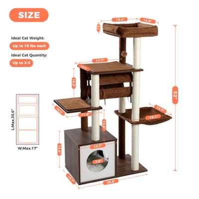 Show full view: PAWZ Road 52-in Polyester Modern Cat Tree & Condo with Fully Sisal Covered Scratching Posts, Brown slide 2 of 8