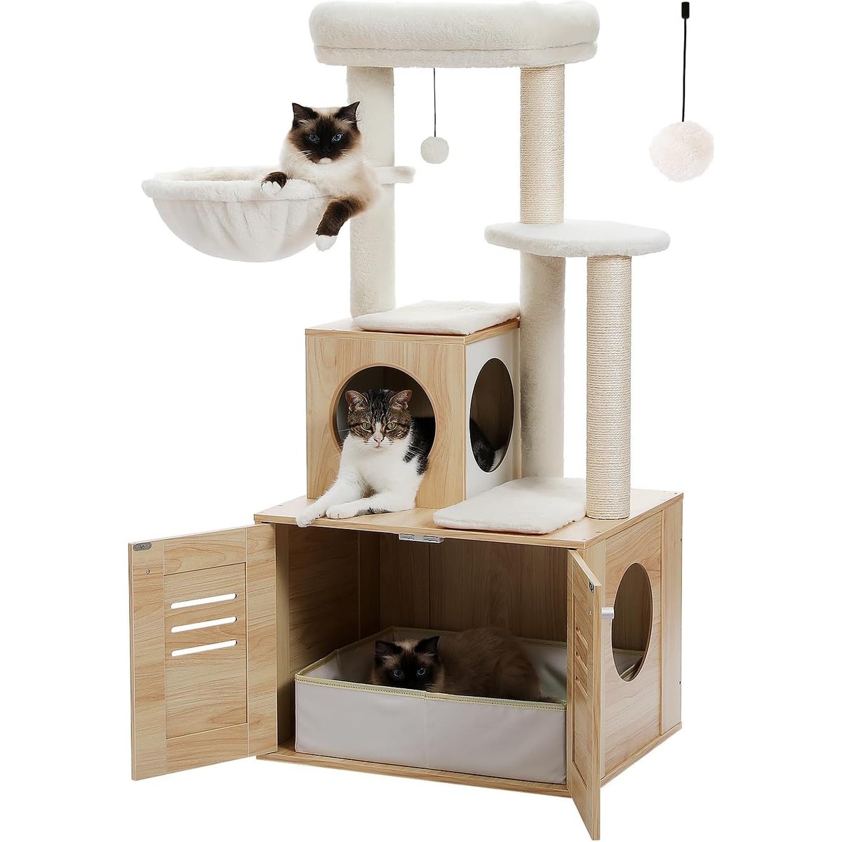 PAWZ Road 50-in Polyester Cat Tree with Litter Box Enclosure & 2 Condos, Beige