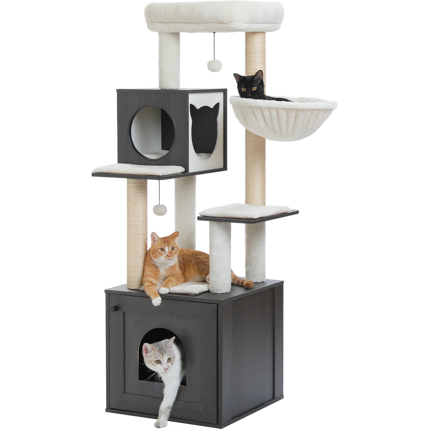 PAWZ Road 57.5-in Polyester Wood Cat Tree Tower with Litter Box Enclosure & 2 Condos, Medium, Black