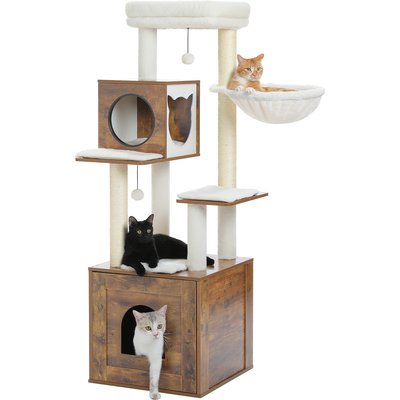 PAWZ Road PAWZ Road 57.5-in Polyester Wood Cat Tree Tower with Litter Box Enclosure & 2 Condos, Medium, Brown