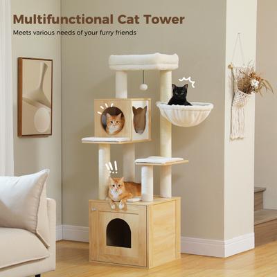 Show full view: PAWZ Road 57.5-in Polyester Wood Cat Tree Tower with Litter Box Enclosure & 2 Condos, Medium, Beige slide 2 of 9