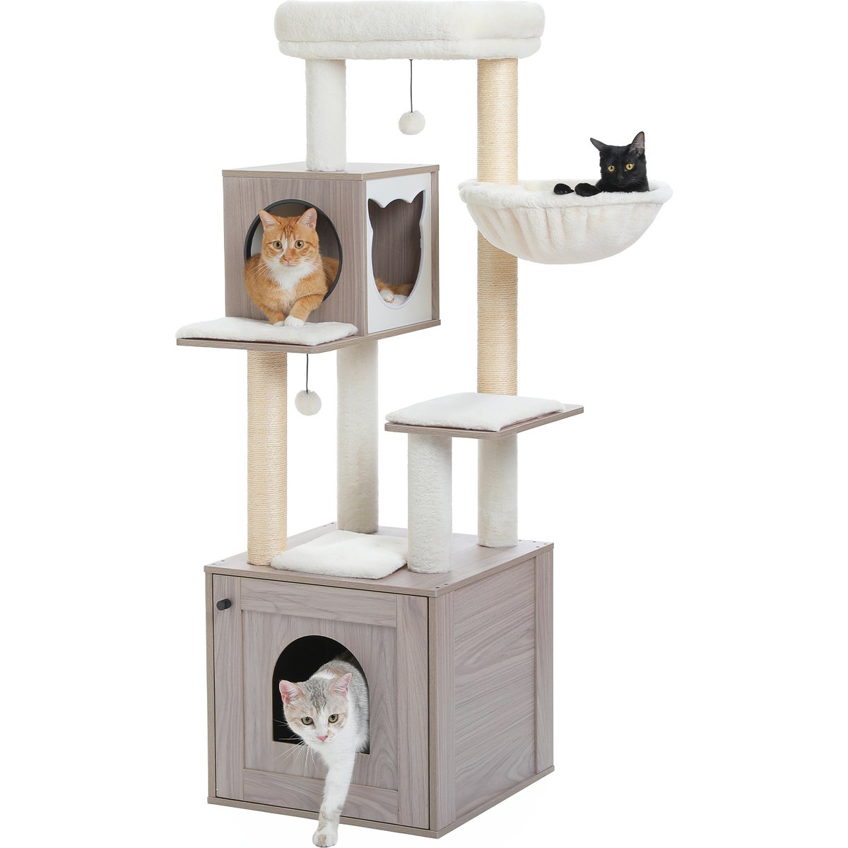 PAWZ Road 57.5-in Polyester Wood Cat Tree Tower with Litter Box Enclosure & 2 Condos, Medium, Gray